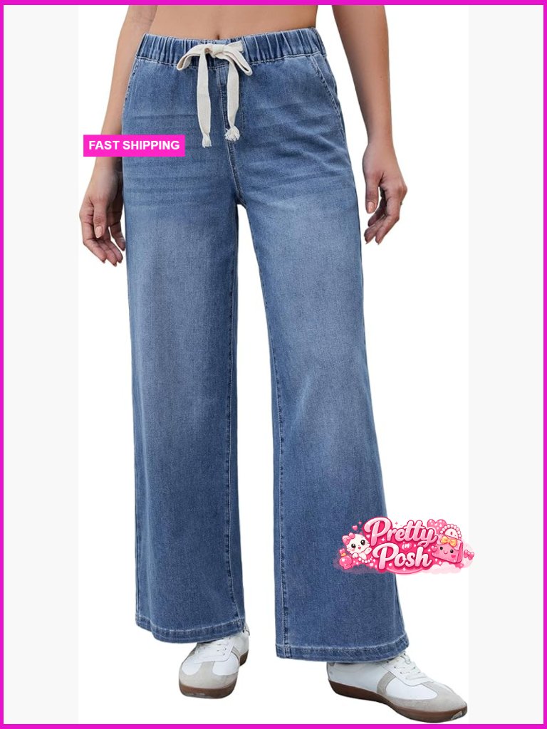 Wide Leg Pull On Jeans High Waisted Elastic Waist Drawstring Stretchy Denim